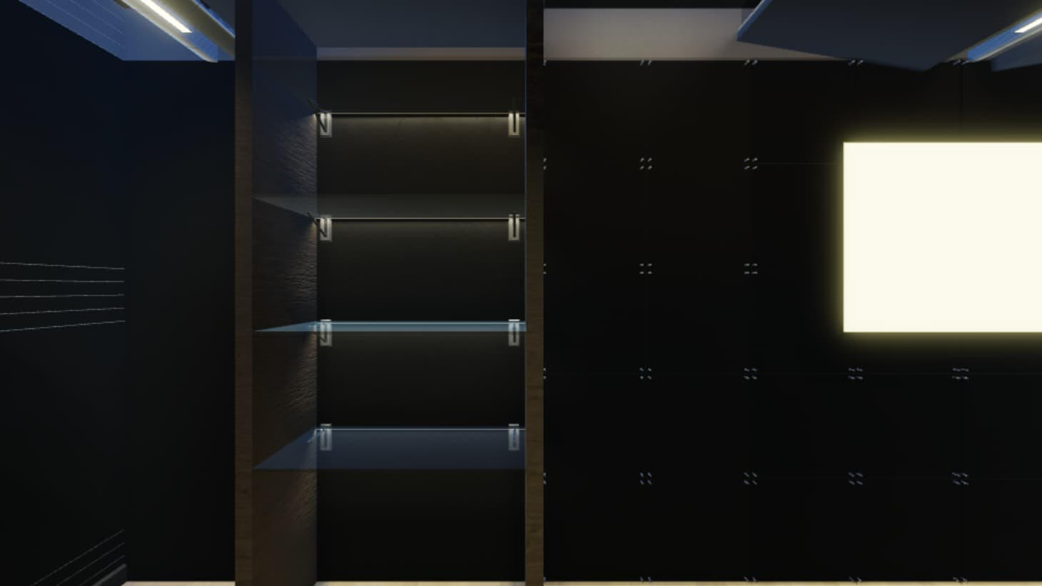 A close up of the shelves and TV