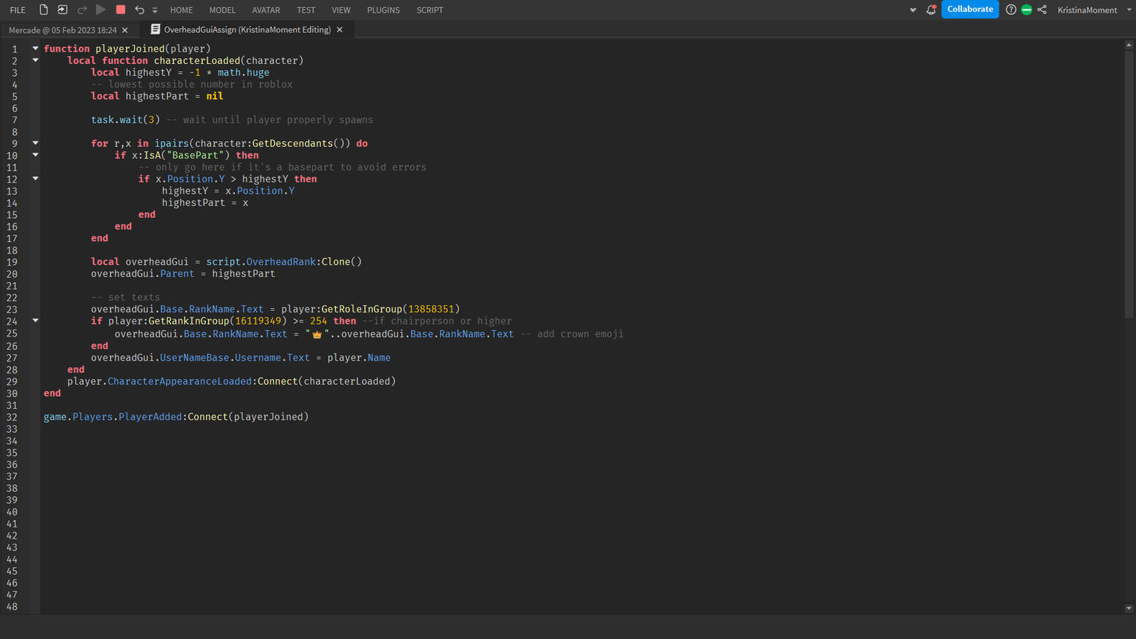 Code for a rank GUI on the user's head.